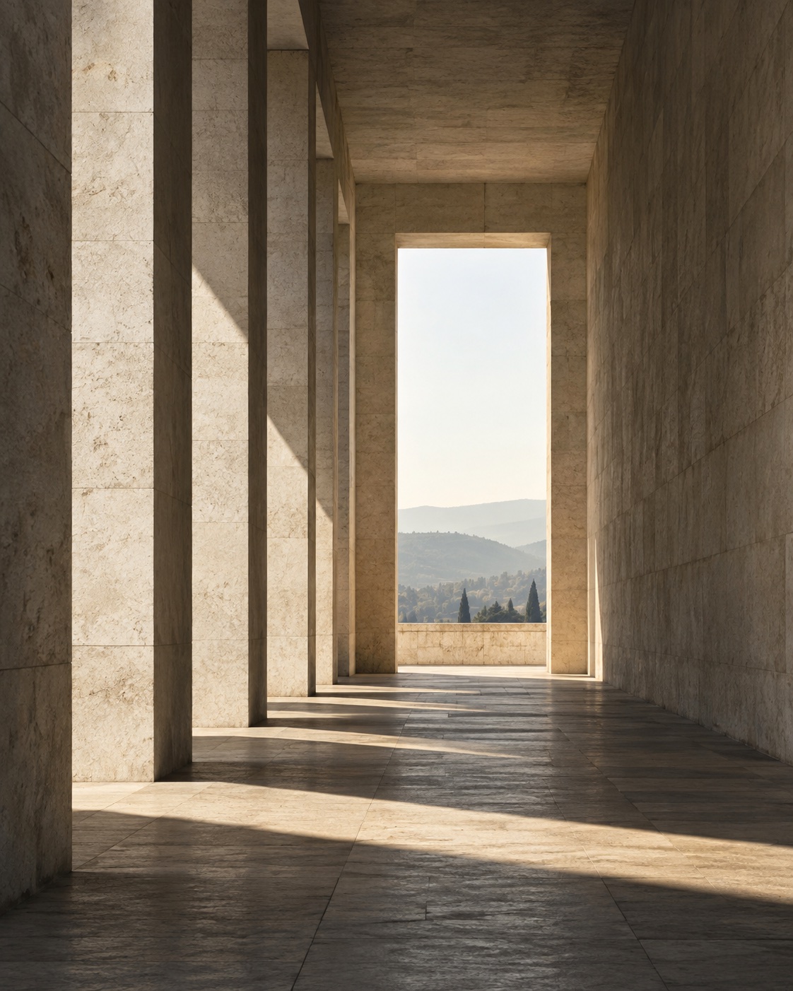 Sunlight frames an open view through a limestone passage